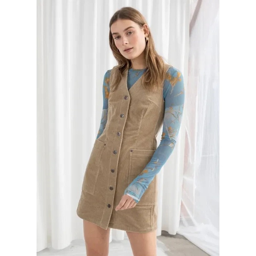 & Other Stories Mini Dress Size 2 Beige Corduroy Button Up Workwear Retro Hippie